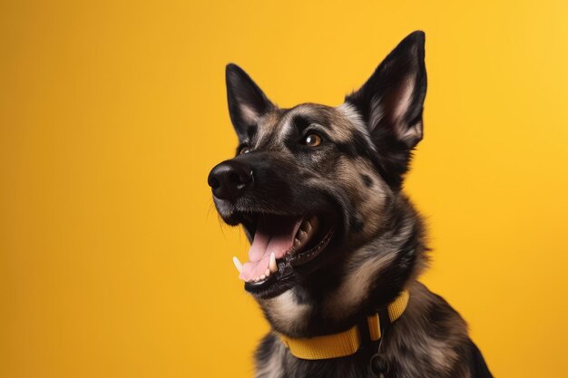 A german shepherd dog wearing a yellow collar