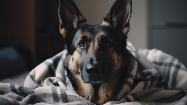 A german shepherd dog wrapped in a blanket