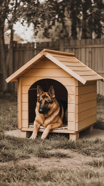 Photo german shepherd has a rest in a dog house in the yard