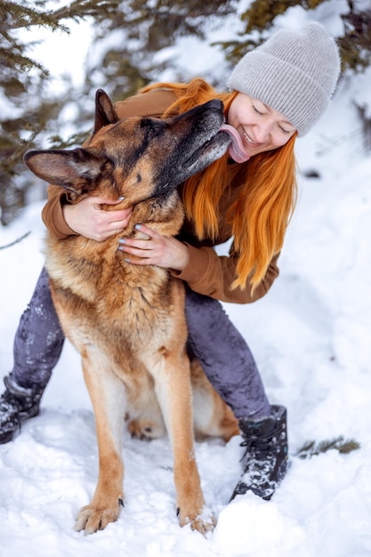 German shepherd licks the face of the owner of a young beautiful woman