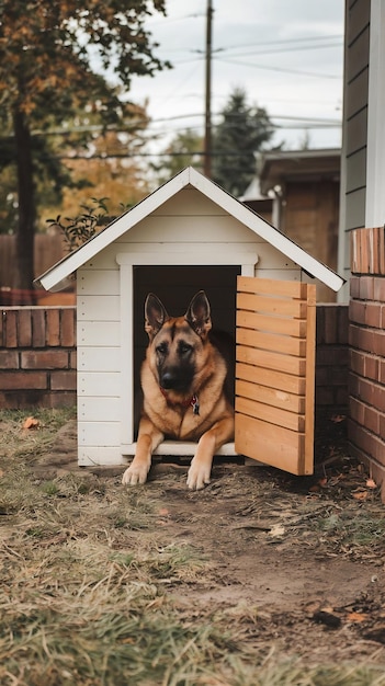 Photo german shepherd lying in a dog house in the yard