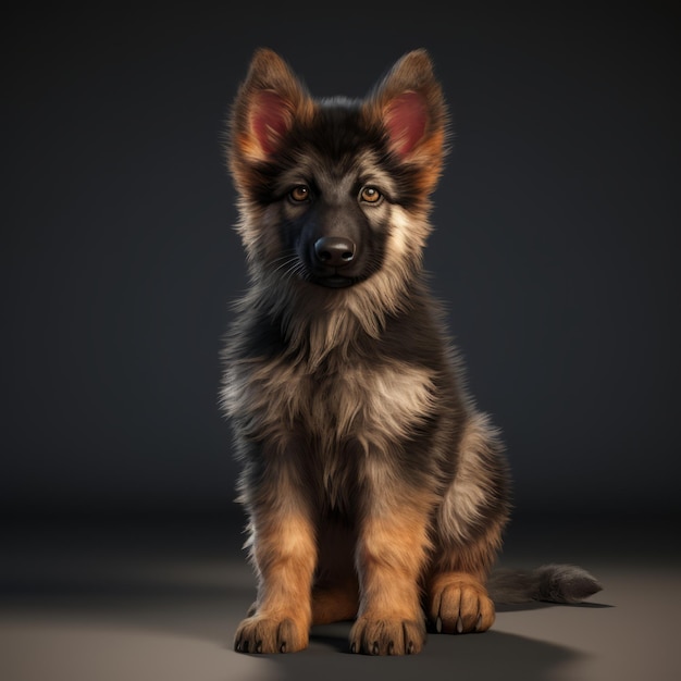 a german shepherd puppy is sitting in front of a black background