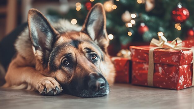 German Shepherd relaxing by a beautifully decorated Christmas tree with presents nearby