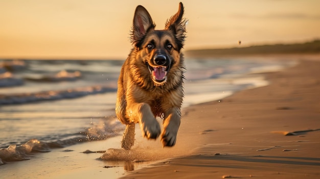 A german shepherd runs along the beach at sunset.