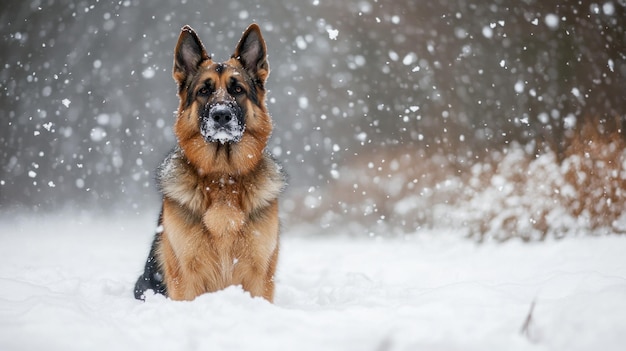 A German Shepherd sitting in the snow surrounded by falling snowflakes in a winter landscape