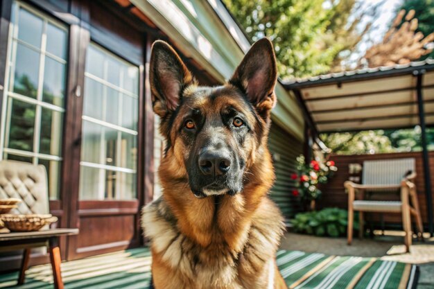 German shepherded dog is sitting on the porch and looking at the camera