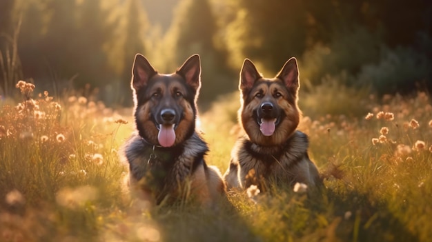 German Shepherds dog are in the meadow