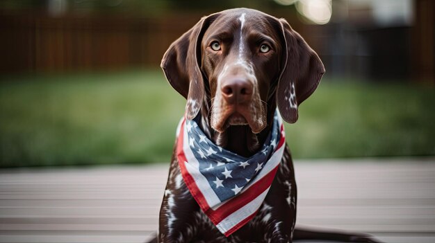 German Shorthaired Pointer playing outside with USA Bandana 4th of july