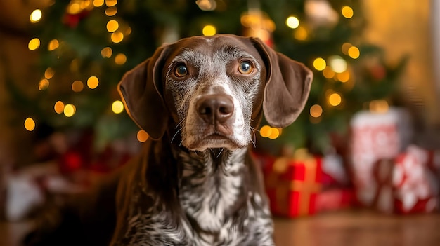 German Shorthaired Pointer poses in front of a beautifully decorated Christmas tree with gifts