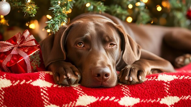 German Shorthaired Pointer relaxing by a decorated Christmas tree with gifts