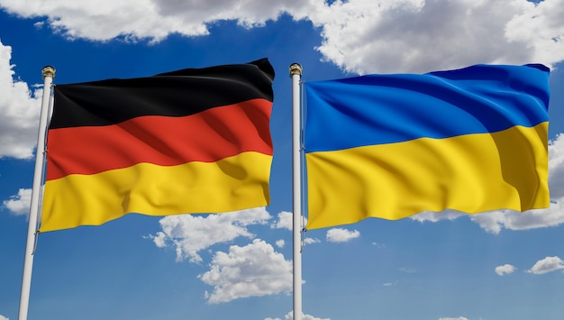 German and Ukrainian flags over blue sky Concept of diplomacy agreement international relations trading business between Germany and Ukraine 3D rendering