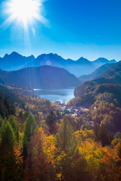 Germany Bavaria Schwangau Neuschwanstein Castle mountains sunset