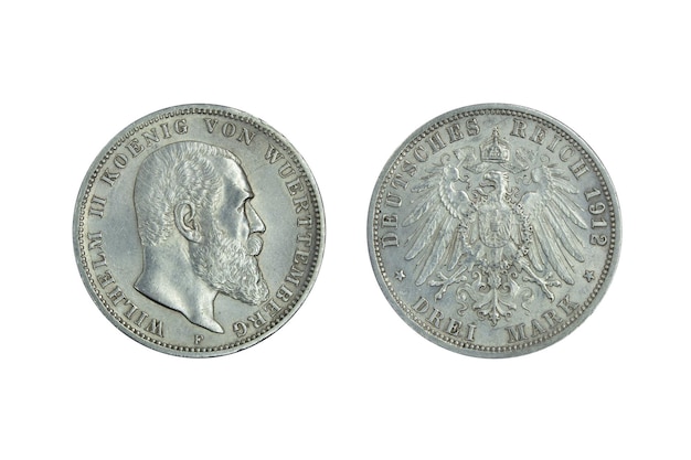 Germany Empire Wurttemberg silver coin 3 three mark 1912, head of Koenig Wilhelm II , imperial eagle