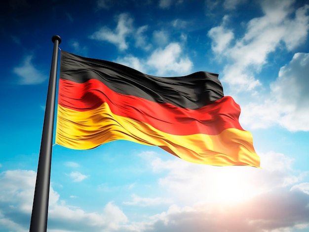 germany flag waving in the blue sky with sunrays 3d illustration