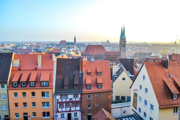 Germany Nuremberg Building Roofs A city view from the top of a building with a red roof