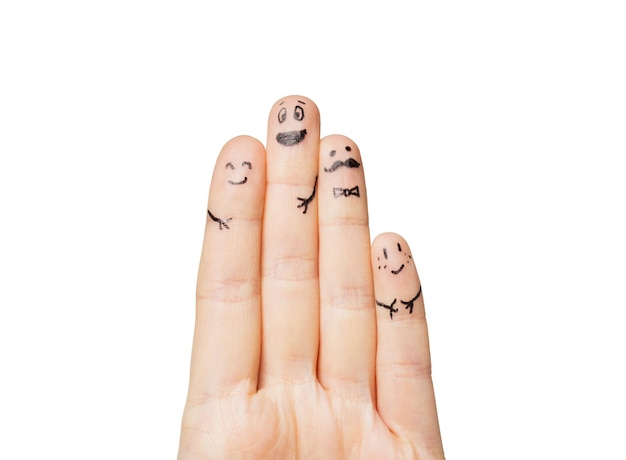 gesture, family, people and body parts concept - close up of two hands showing fingers with smiley faces