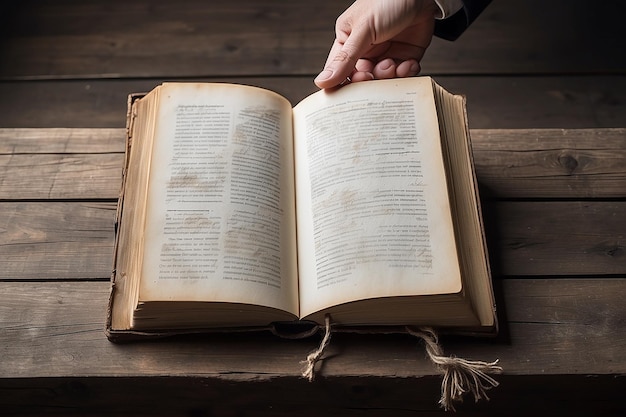 Gesture of males hand holding a book on old wooden table