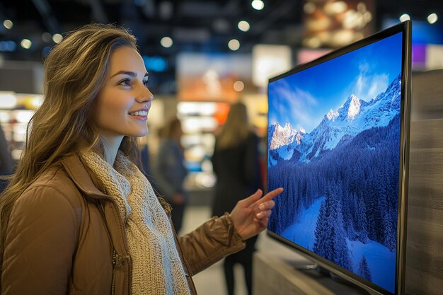 Photo gestures towards a sleek ultrathin smart tv mounted on a display wall ai photo