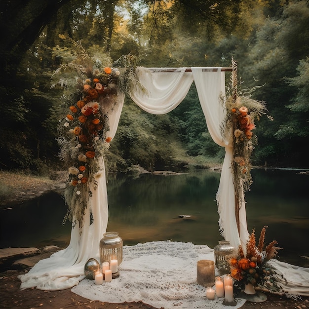 Get Inspired by This Front View of a Boho Wedding Arch Decorated with Thin Cheesecloth Gauze overlay