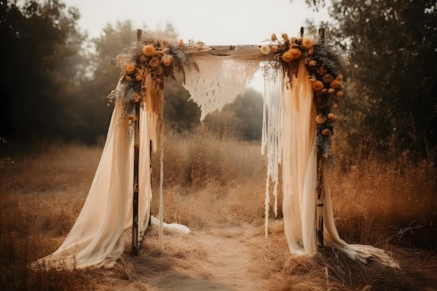 Get Inspired by This Front View of a Boho Wedding Arch Decorated with Thin Cheesecloth Gauze overlay