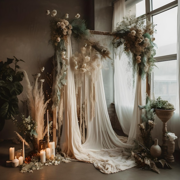 Get Inspired by This Front View of a Boho Wedding Arch Decorated with Thin Cheesecloth Gauze overlay