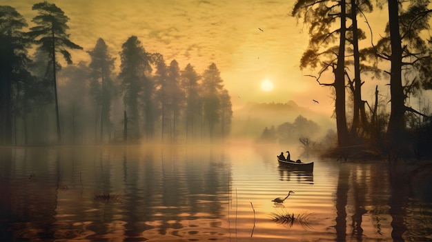 Get lost in the beauty of nature with this serene image capturing a tranquil lake at sunrise shrouded in mist and surrounded by towering trees Generative ai