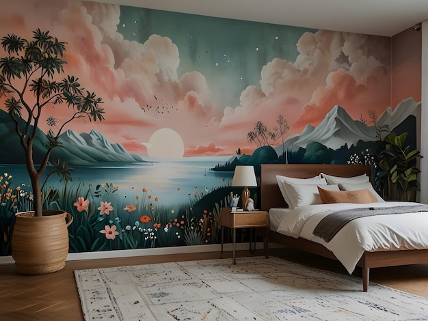 Photo get lost in a dreamy and whimsical bedroom with handpainted murals