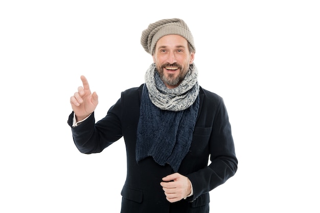 Get ready for frosty days. Mature fashion model enjoy cold weather. Bearded man accessorizing outfit with scarf. Winter wardrobe for fashionable man. Winter outfit. Feeling cozy. Winter is coming.