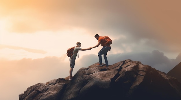 Getting a helping hand with two people healping each other to climb on mountain top