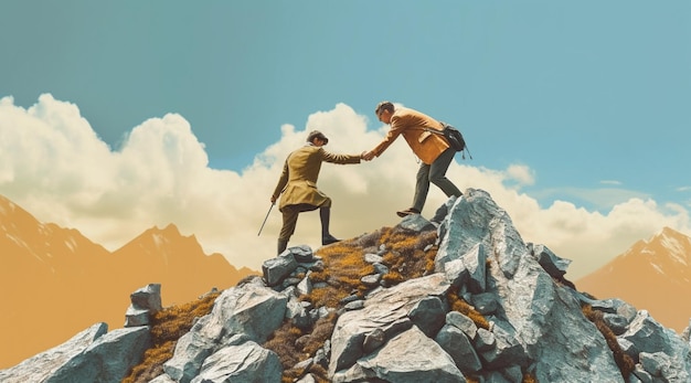 Getting a helping hand with two people healping each other to climb on mountain top