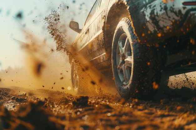 Getting off the beaten path Car wheels on steppe terrain splashing with dirt