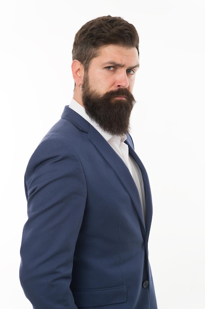 Getting serious hair volume Bearded man with unshaven facial hair Professional businessman isolated on white Hipster with mustache and beard hair Barbershop Hair salon At barbers