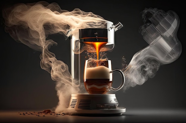 Geyser coffee maker in action with hot steamy brew flowing into cup