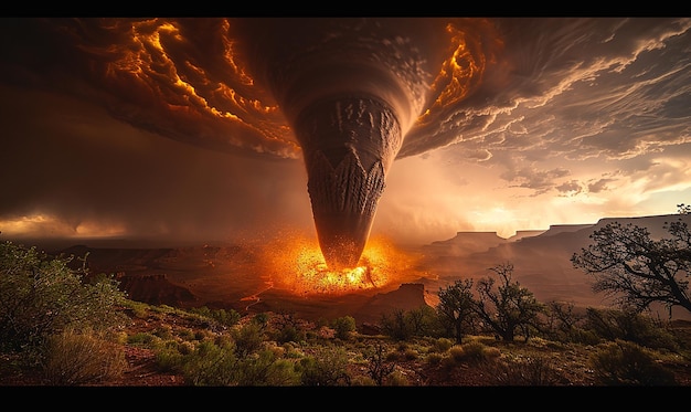 a geyser is rising from the ground and has a picture of a volcano in the background