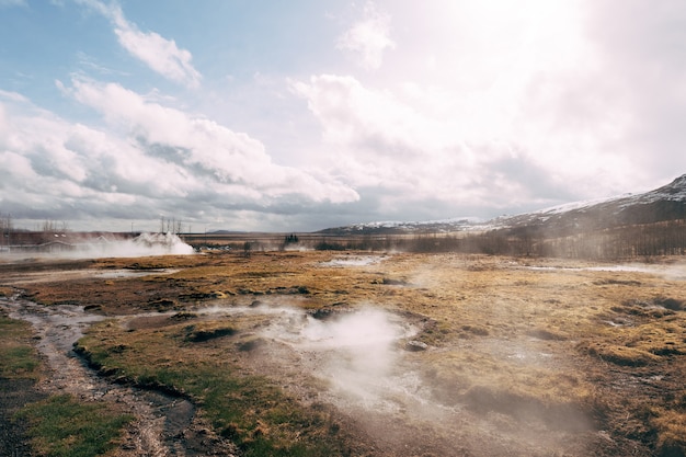 Geyser valley in the southwest of iceland the famous tourist attraction geysir geothermal zone