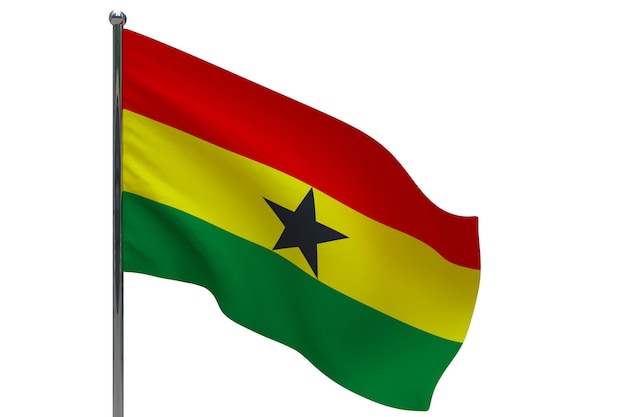 Ghana flag on pole. Metal flagpole. National flag of Ghana 3D illustration on white