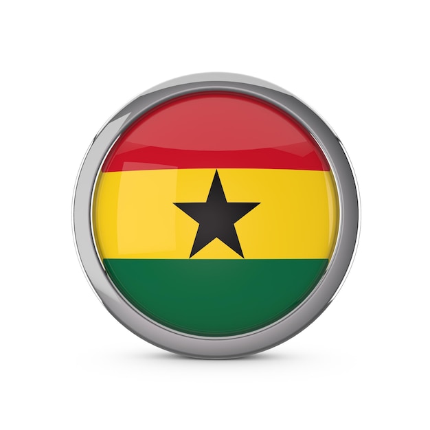 Ghana national flag in a glossy circle shape with chrome frame 3D Rendering