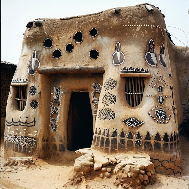 A Ghanaian adobe house in the Ashanti region with sculptural mud walls and decorative motifs