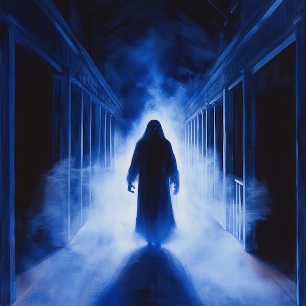 A ghastly figure walking through a dark corridor