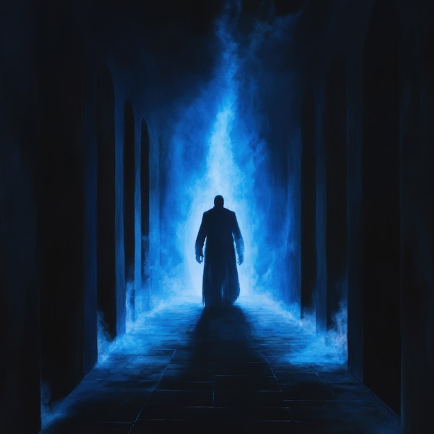 Photo a ghastly figure walking through a dark corridor