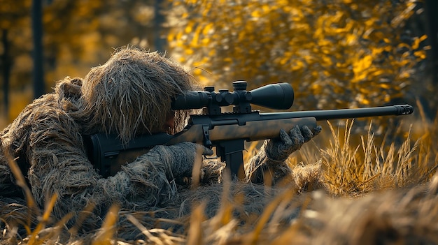 Ghillieclad Special Forces sniper camouflaged on ground with rifle