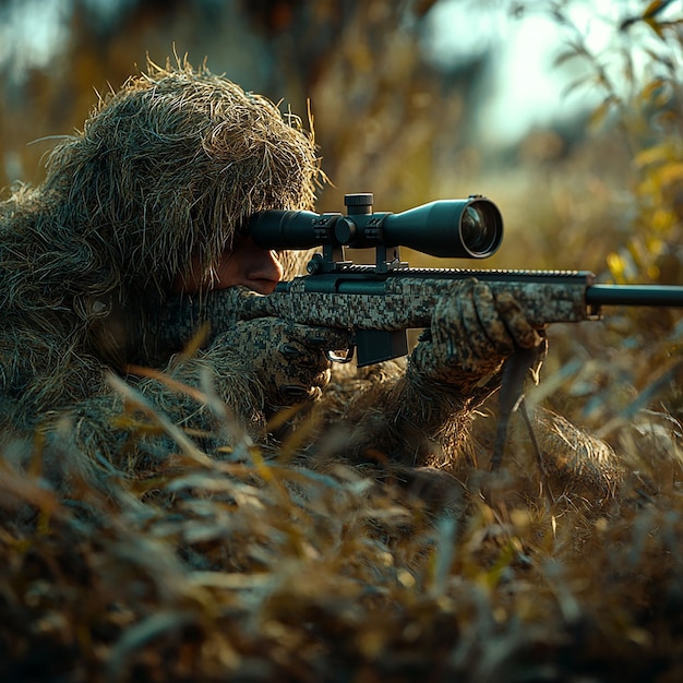 Ghillieclad Special Forces sniper camouflaged on ground with rifle