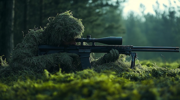 Ghillieclad Special Forces sniper camouflaged on ground with rifle