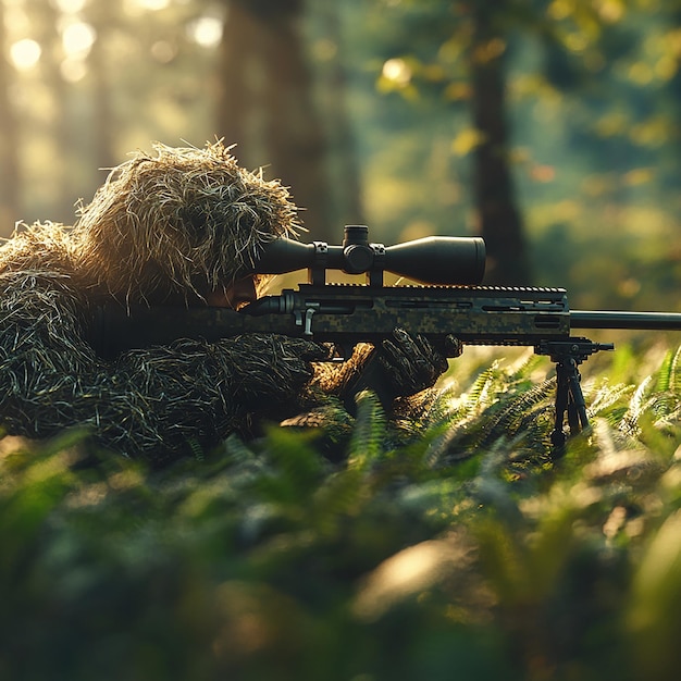 Photo ghillieclad special forces sniper camouflaged on ground with rifle