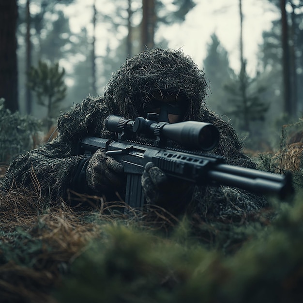 Ghillieclad Special Forces sniper camouflaged on ground with rifle