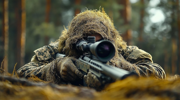 Ghillieclad Special Forces sniper camouflaged on ground with rifle