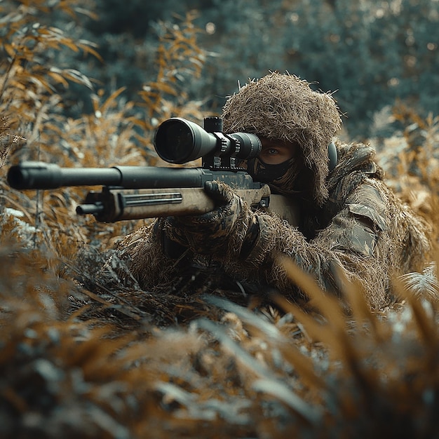 Ghillieclad Special Forces sniper camouflaged on ground with rifle