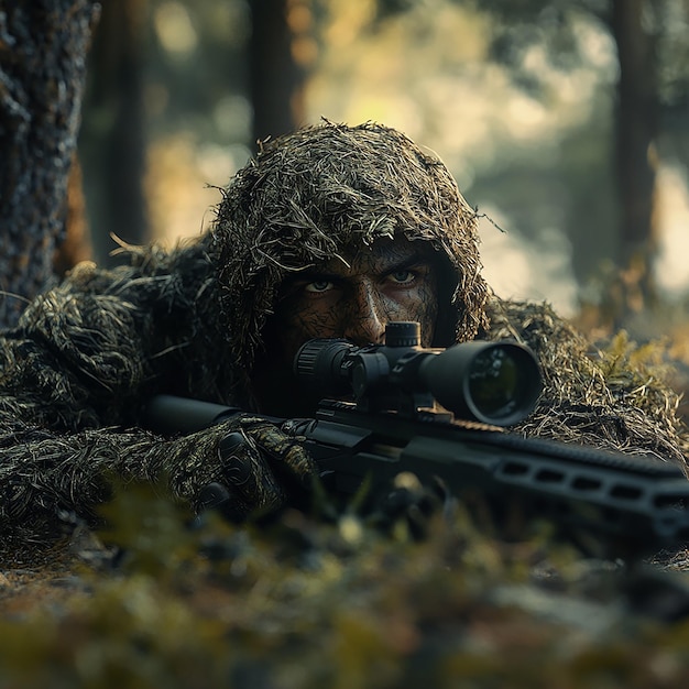 Ghillieclad Special Forces sniper camouflaged on ground with rifle