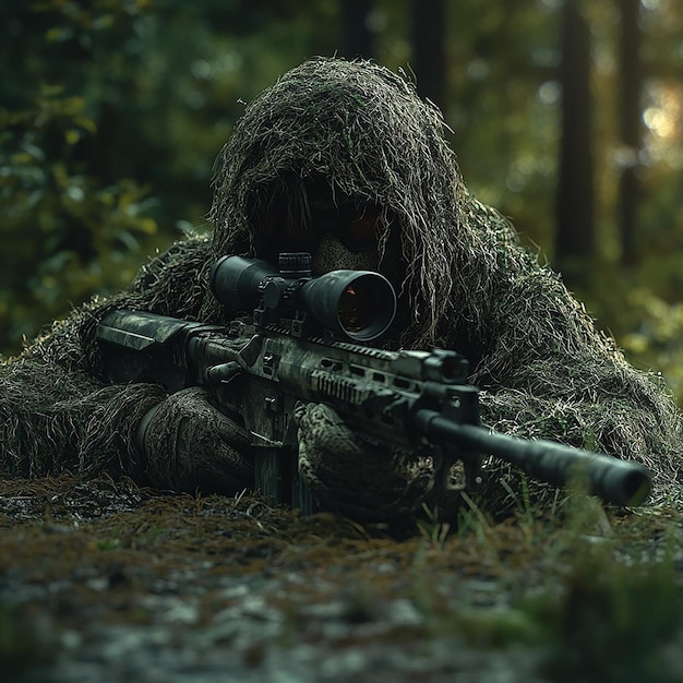 Photo ghillieclad special forces sniper camouflaged on ground with rifle