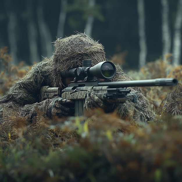 Ghillieclad Special Forces sniper camouflaged on ground with rifle